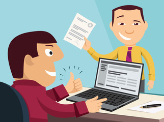 Loan application. Customer Care Center. Approval documents. Processing the application in the office. Funny experienced banker solves the problem. Simple flat design vector cartoon illustration.