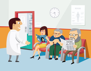 The best medical health care. Modern interior of a private medical practice Health Center. Vaccination. Waiting room at the doctor with the patient and nurse. Simple cartoon vector illustration.
