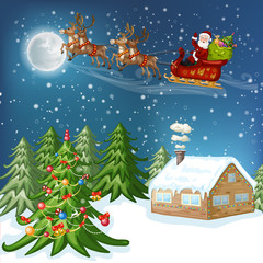 Fototapeta na wymiar Merry Christmas Card. Illustration with Christmas house, Christmas tree ,Santa Claus 