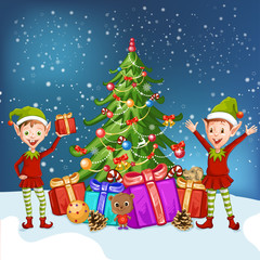 Illustration of the two elves near the Christmas tree