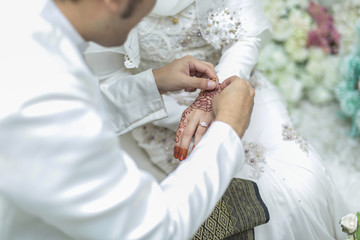 the groom put a wedding ring to the bride hand. shallow dof. sel