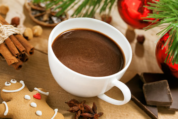 Christmas hot chocolate with gingerbread and cinnamon