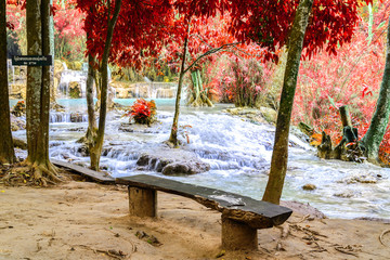 Wooden bench at rainforest waterfall, Tat Kuang Si Waterfall at  Luang Prabang, Loas.