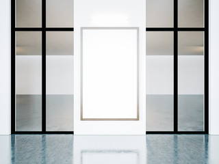 White frame in gallery interior. 3d render
