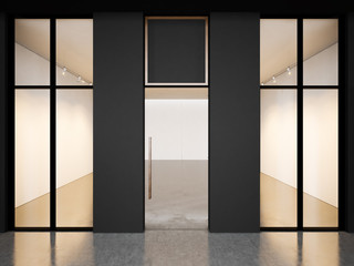 Black empty room of contemporary gallery with blank frames. 3d render