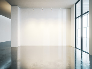 Blank white wall in gallery with concrete floor. 3d render - obrazy, fototapety, plakaty