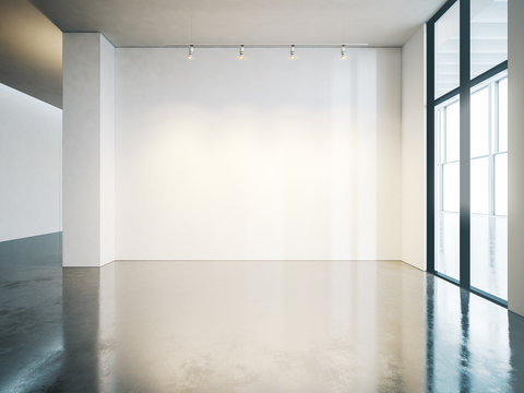 Blank white wall in gallery with concrete floor. 3d render