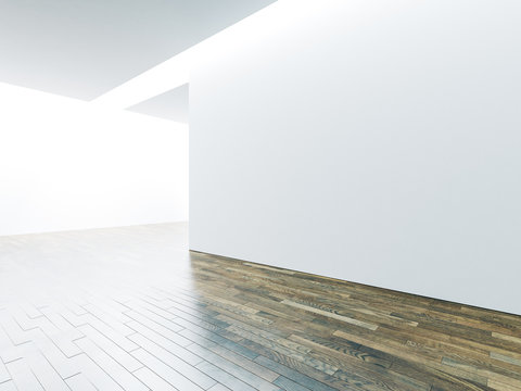 Blank panoramic wall in museum interior with wooden floor. 3d render