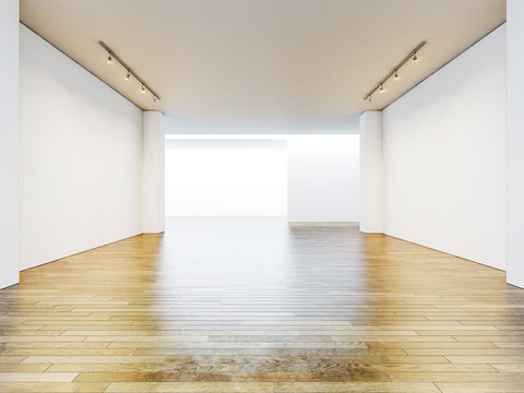 Empty gallery room with blank walls and wooden floor. 3d render