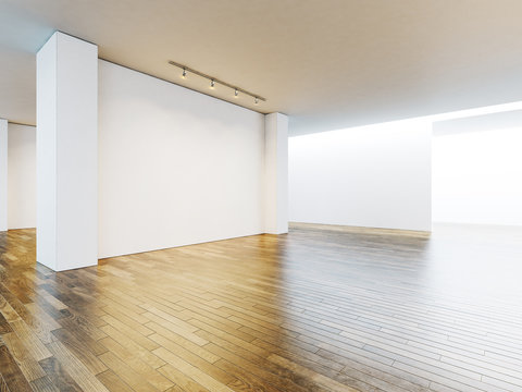 White canvas in museum interior with wooden floor. 3d render