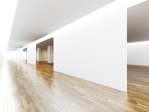 Empty hall for exhibit in gallery, wooden floor. 3d render