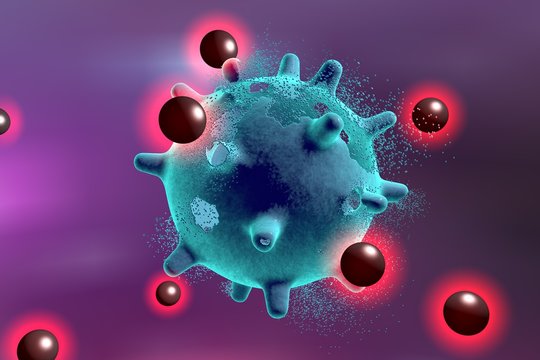 Destruction of a virus by silver nanoparticles. An illustration can be also used to demonstrate action of any antiviral substance or drug