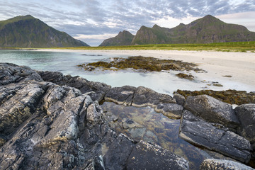 Fototapeta na wymiar Rocky coastline on Lofoten Islands,