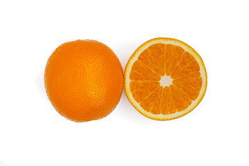 One and half oranges on white background