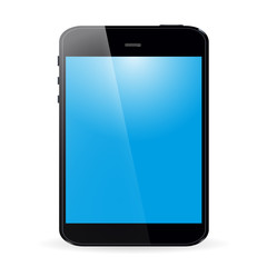 Tablet with blue screen and shadow on white background