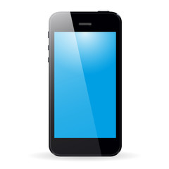 Phone with blue screen and shadow on white background