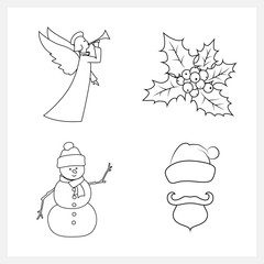 Set of Christmas Icons, Christmas Angel, Christmas Holly Berry, Snowman, Santa Claus  with a Beard, Mustache and Hat without a Face, Christmas Decoration, Black and White Vector Illustration