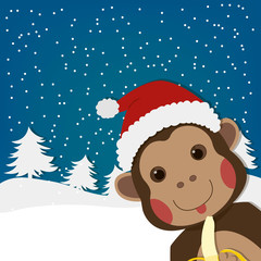 funny monkey, new year and  christmas greeting card, cartoon character illustration