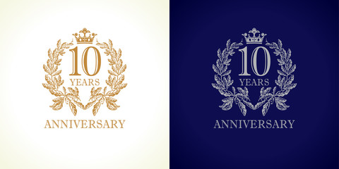 10 anniversary luxury logo. Template logo 10th royal anniversary with a frame in the form of laurel branches and the number 10