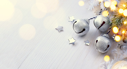 Christmas tree light; Winter Background With Frost Fir Branch
