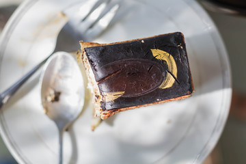 Fototapeta premium Delicious chocolate cake on plate that is eaten