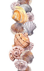 Seamless border strip with sea shells. Watercolor frame banner 