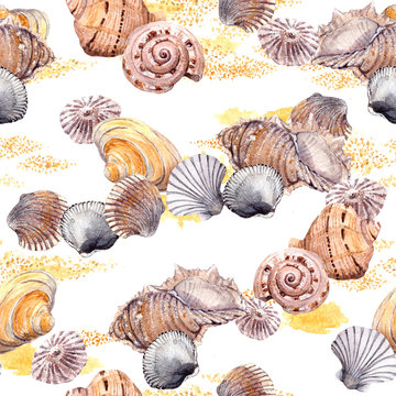 Seamless seashell and sand wallpaper on white background. Watercolor 
