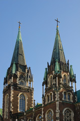 Fototapeta na wymiar Towers of Church of St. Elisabeth (the holy Olga and Elisabeth Cathedral), Lviv