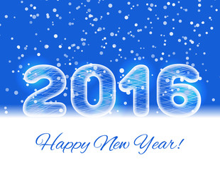 Fototapeta na wymiar 2016 ice text on a blue background with a falling snow. New Year