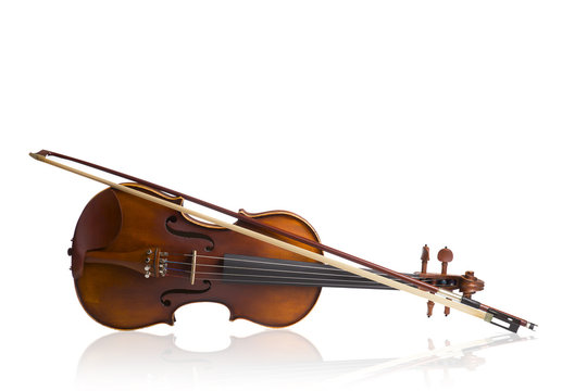 Vintage , old violin on White background.