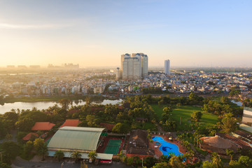 Panoramic view of Ho Chi Minh city (or Saigon) in sunrise, Vietnam
