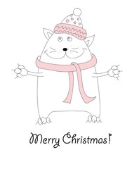 Vector Christmas card of Cute Cartoon Doodle Cat