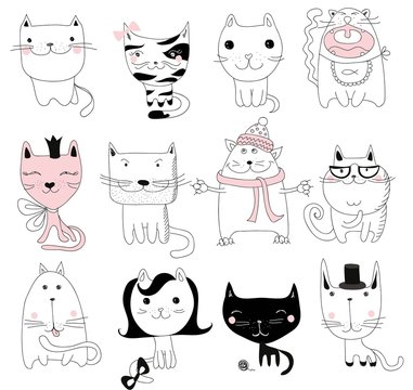 Set of 12 Vector doodle cute cats avatars