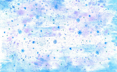 Голубой зимний  акварельный фон со снежинками.
