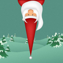 Santa Claus hanged upside down with snowy, winter background