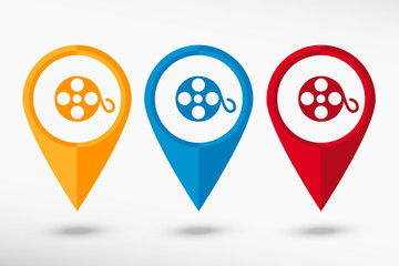 Film reel icon map pointer, vector illustration