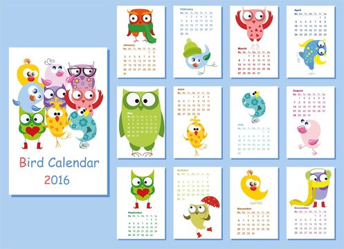 Calendar 2016. Cute owls and birds for every month. Vector. Isolated.
