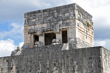 Detail of a tower at the Juego de Pelota (ball game) ruins at the Mayan city of Chichen Itza, Mexico.