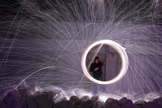 Spinning steel wool night photography