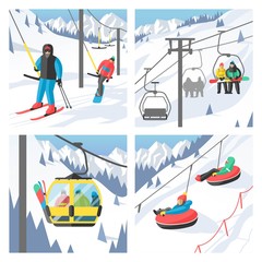Snowboarder sitting in ski gondola and lift elevators. Winter sport resort background © Vectorvstocker