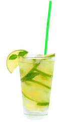 Fruit lemonade with lime and ice cubes and leaf mint in a highba