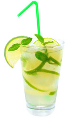 Fruit lemonade with lime and ice cubes and leaf mint in a highba