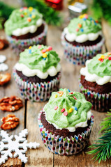 Chocolate cupcakes with green frosting and sprinkles on holiday