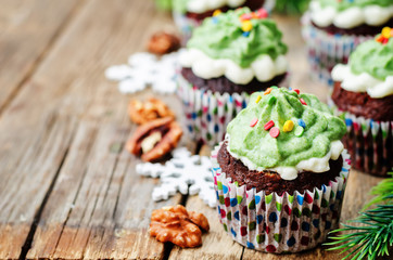 Chocolate cupcakes with green frosting and sprinkles on holiday