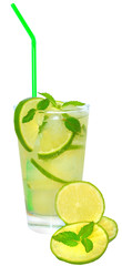 Fruit lemonade with lime and ice cubes and leaf mint