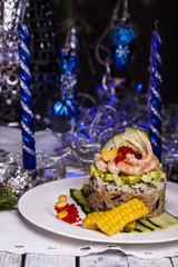 appetizer of rice, avocado and shrimp