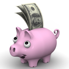 Pink pig piggy bank with American dollar bills on white surface
