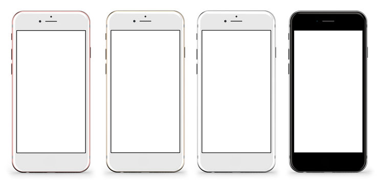 Set of four smartphones gold, rose, silver and black - blank screen and isolated on white background, high resolution. Template, mockup.