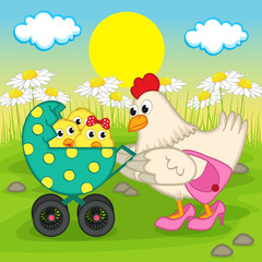 Mother chicken with chickens in stroller - vector illustration, eps