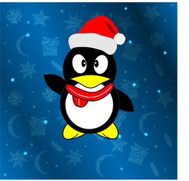 Пингвин в шапке Санта Клауса, на новогоднем фоне